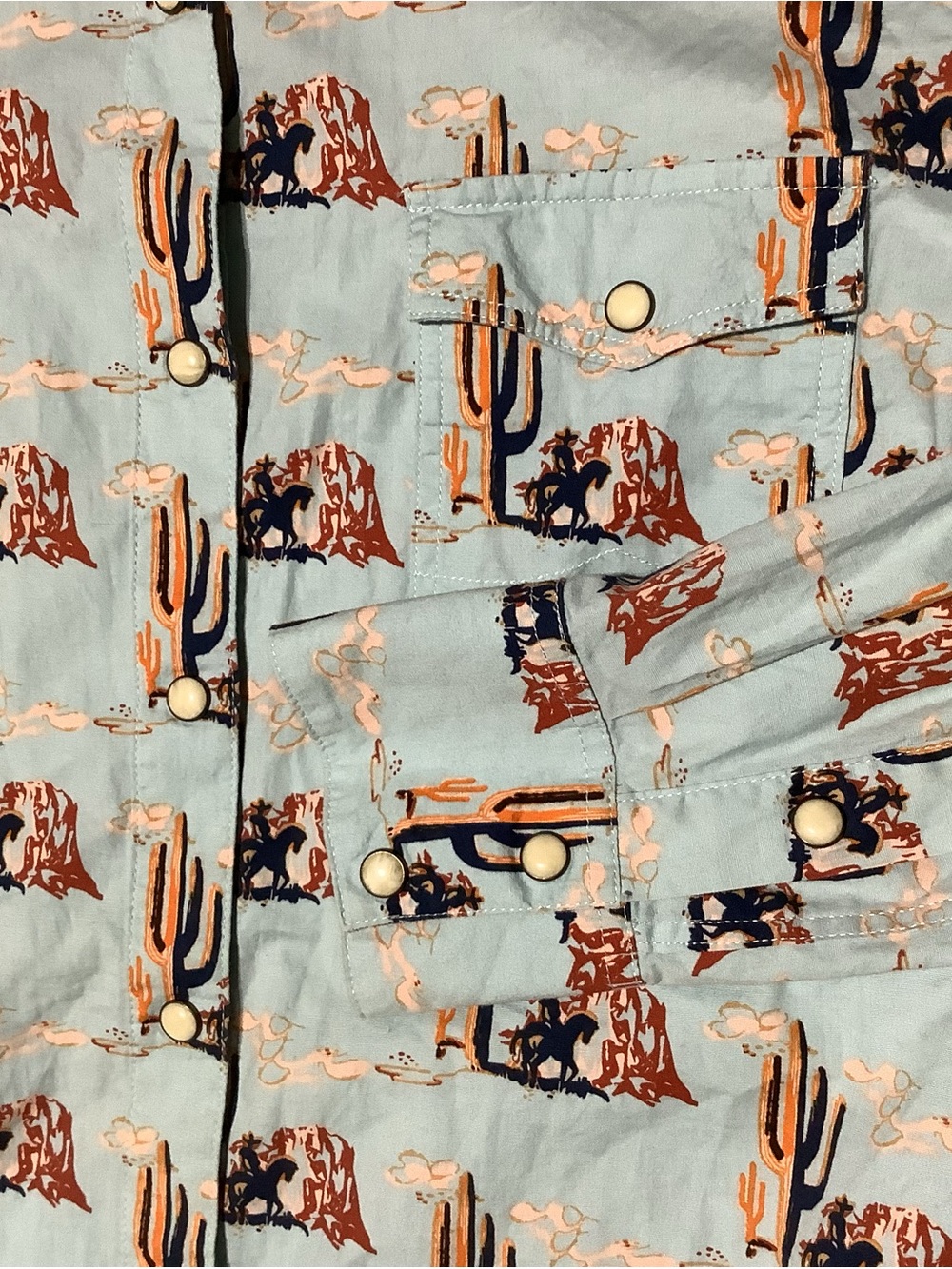 Rock & Roll Cowgirl Light Blue Western Cactus Button Down Shirt Pearl Snaps